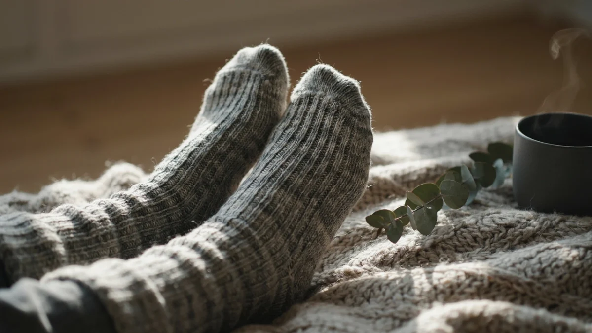 Close-up of a woman’s feet wearing cozy breathable winter socks.