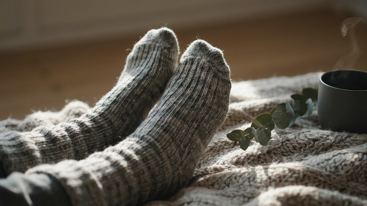 Cozy Comfort: Tips for Selecting the Best Winter Socks 1 Close-up of a woman’s feet wearing cozy breathable winter socks.