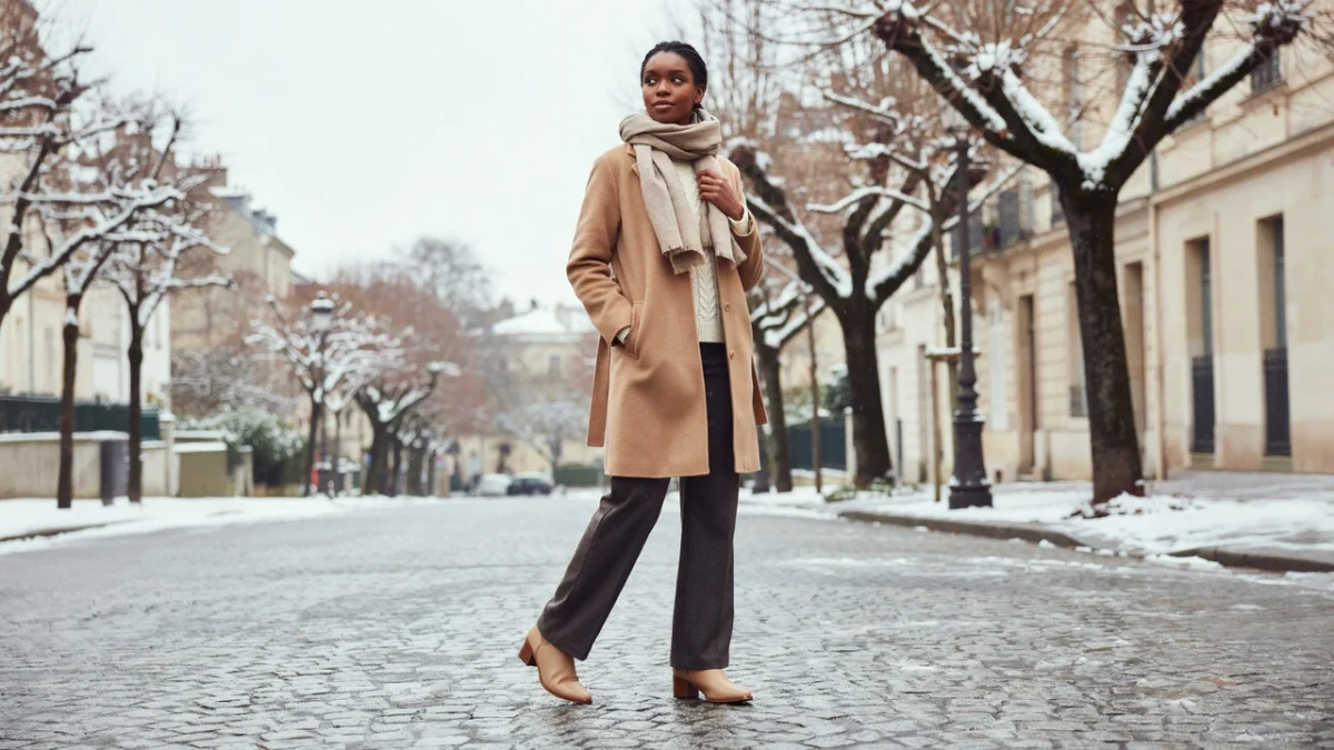 Stylish Black woman wearing a chic layered winter outfit with a warm coat, sweater, scarf, trousers, and boots.