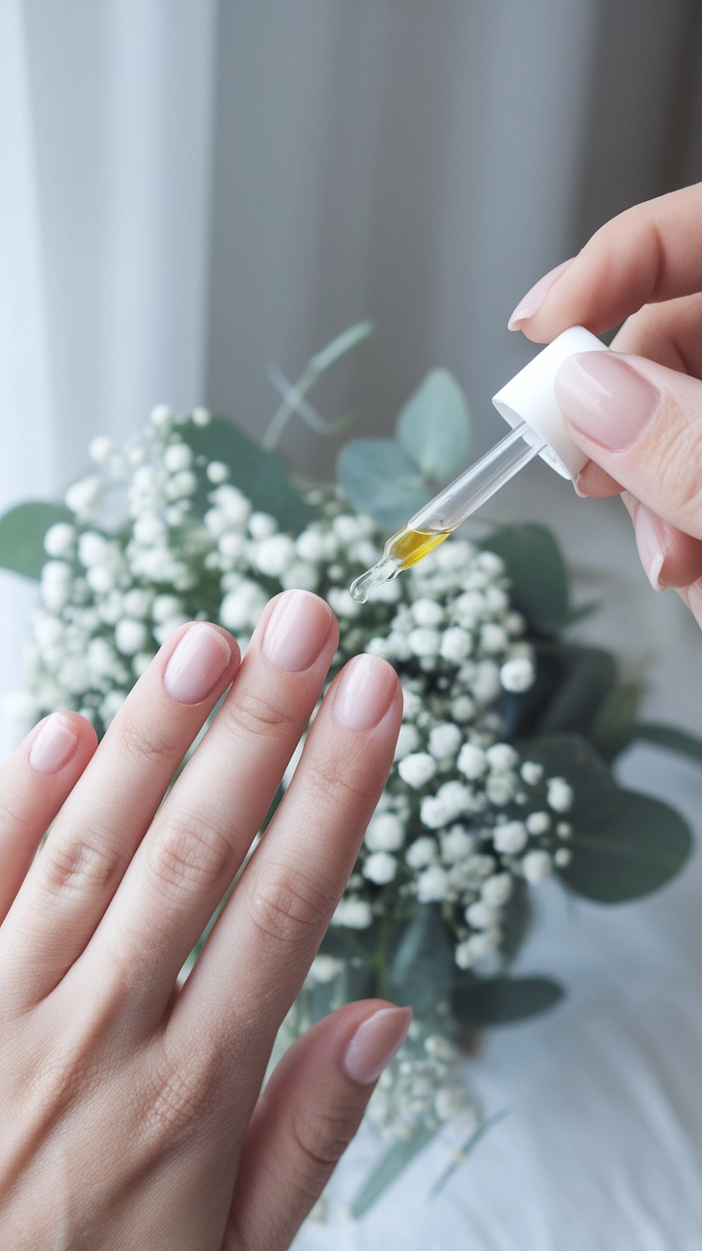 A woman applying cuticle oil to clean, natural nails with soft spring floral background