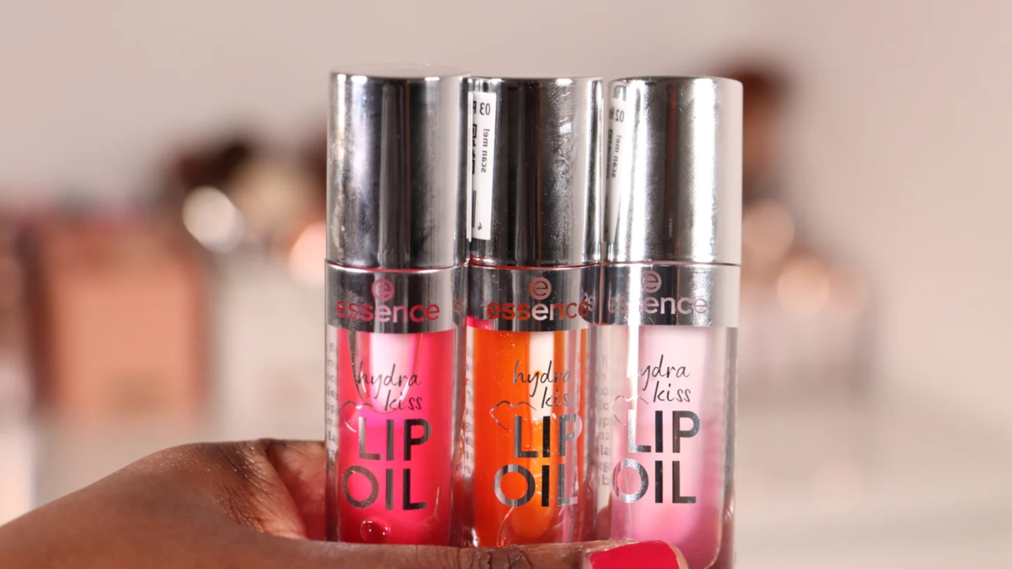 Essence Cosmetics Hydra Kiss Lip Oils 01 Kiss From A Rose, 02 Honey, Honey!, and 03 Pink Champagne