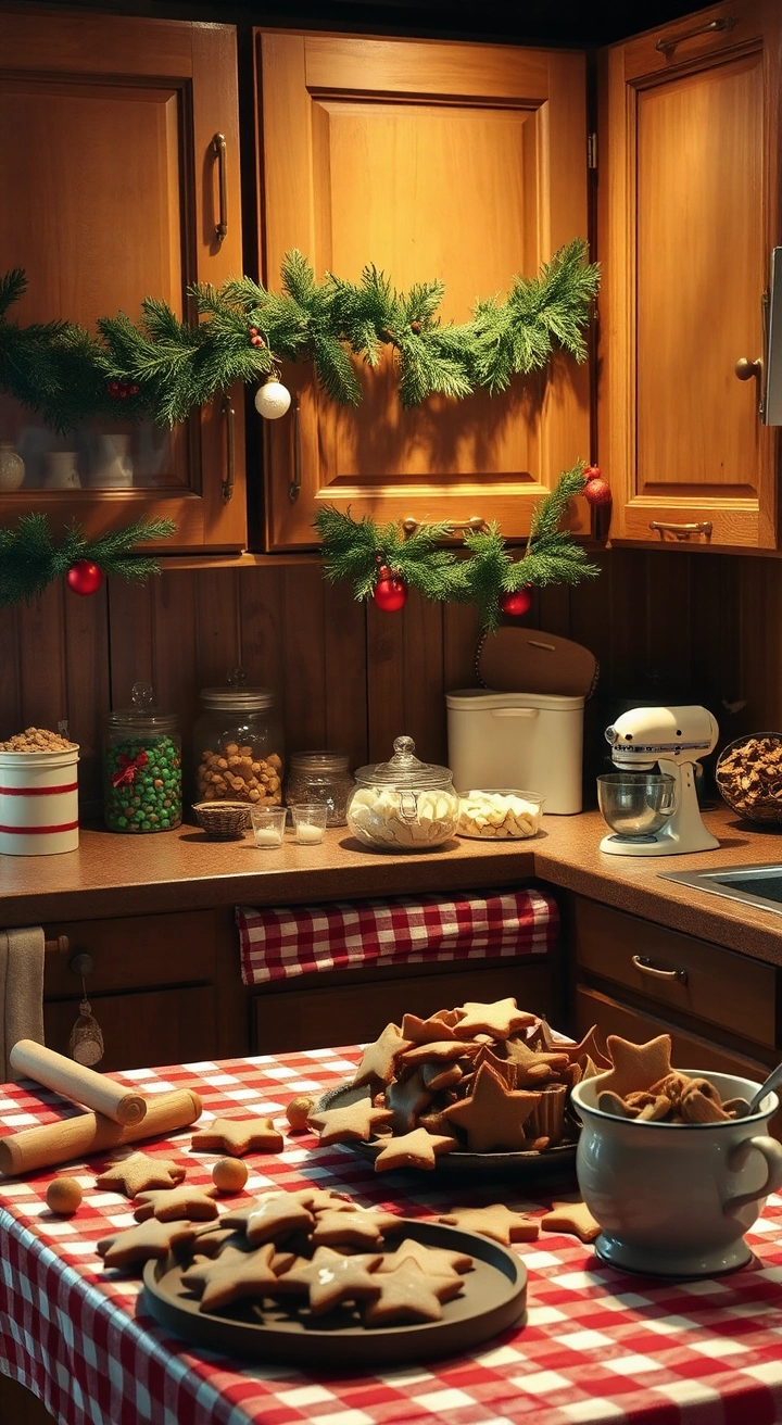 Cozy kitchen decorated for Christmas baking, with pine garlands, a red and white checkered tablecloth, cookie jars, festive baking tools, and freshly baked gingerbread cookies under warm golden light.