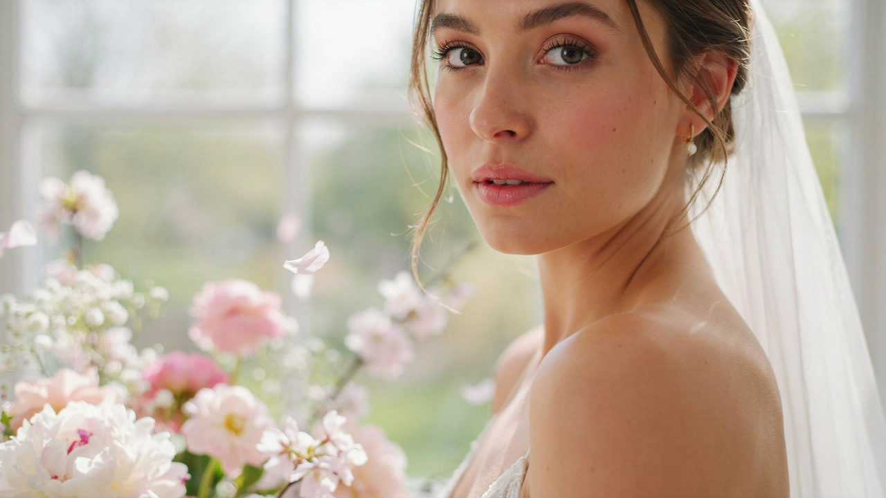 Bride wearing soft and natural spring wedding makeup with rosy blush and glowing skin.