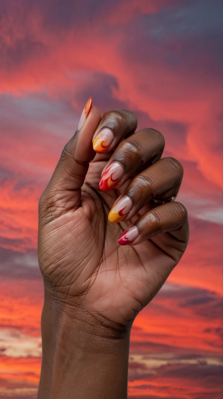 A woman's hand featuring flame-inspired gradient nails in orange, yellow, red, and pink, centered against a vibrant sunset sky with glowing clouds.