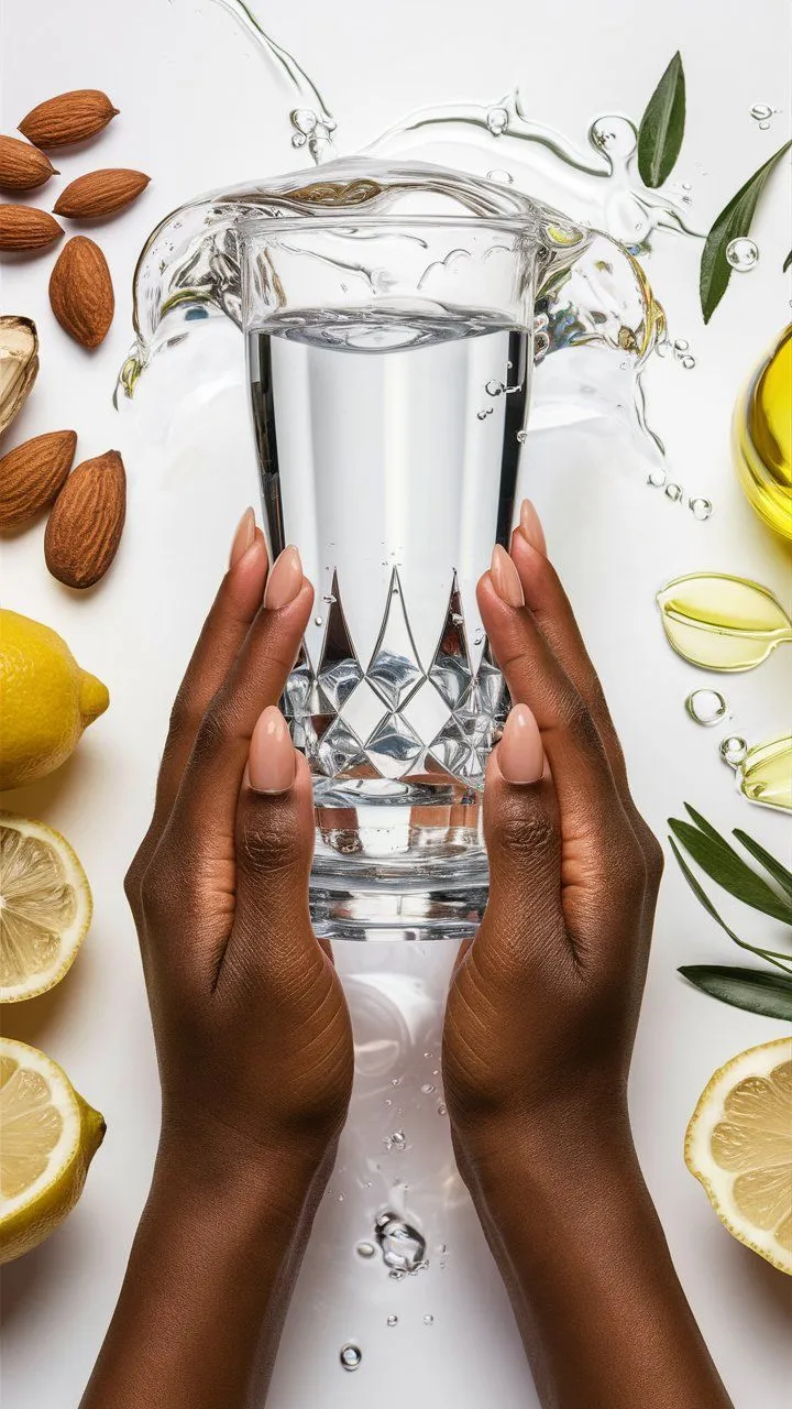 A glass of water emphasizes the importance of drinking eight glasses daily to keep nails strong and prevent chipping. 