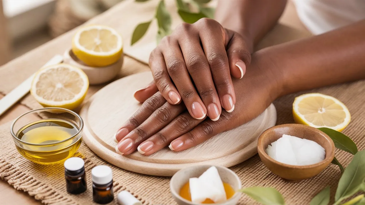 Well-manicured, strong-looking nails surrounded by natural ingredients like lemon slices, a small bowl of Olive Oil & Lemon Juice, and another bowl of Coconut Oil & Honey, along with small bottles of essential oils and a nail file, in a cozy home setting focused on at-home nail care