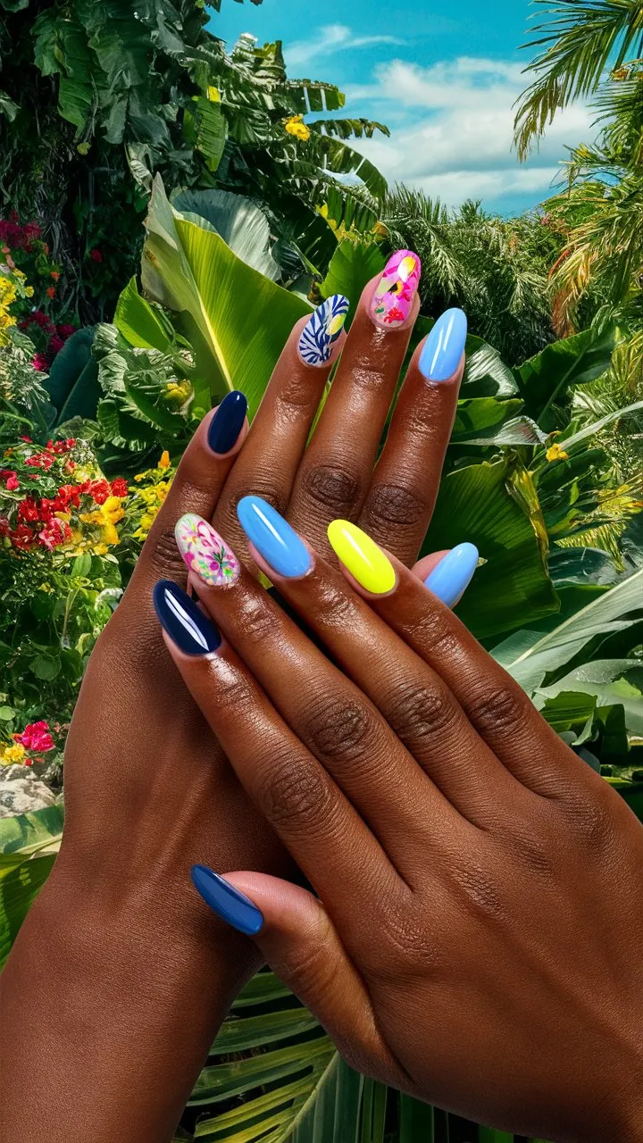 This image showcases a pair of hands with beautifully manicured nails set against a lush, tropical background. The nails feature a variety of vibrant summer designs, including: Bright Blue,Yellow Accent,Floral Design and Navy Blue with White Leaf Design