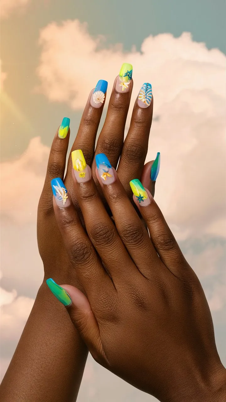 A captivating close-up photo showcasing an immaculate summer-themed manicure on acrylic nails.