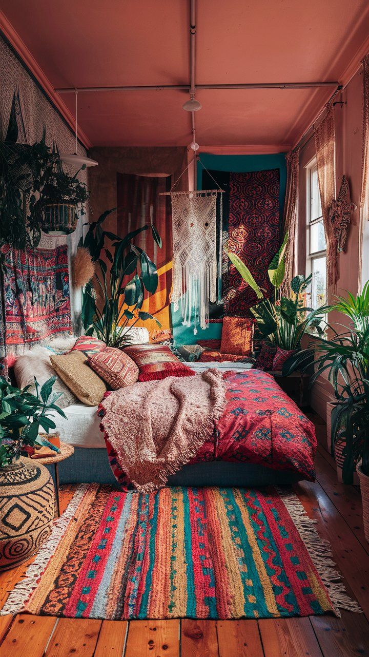 Bohemian bedroom with mixed patterns, colorful decor, plants, and macrame hangings