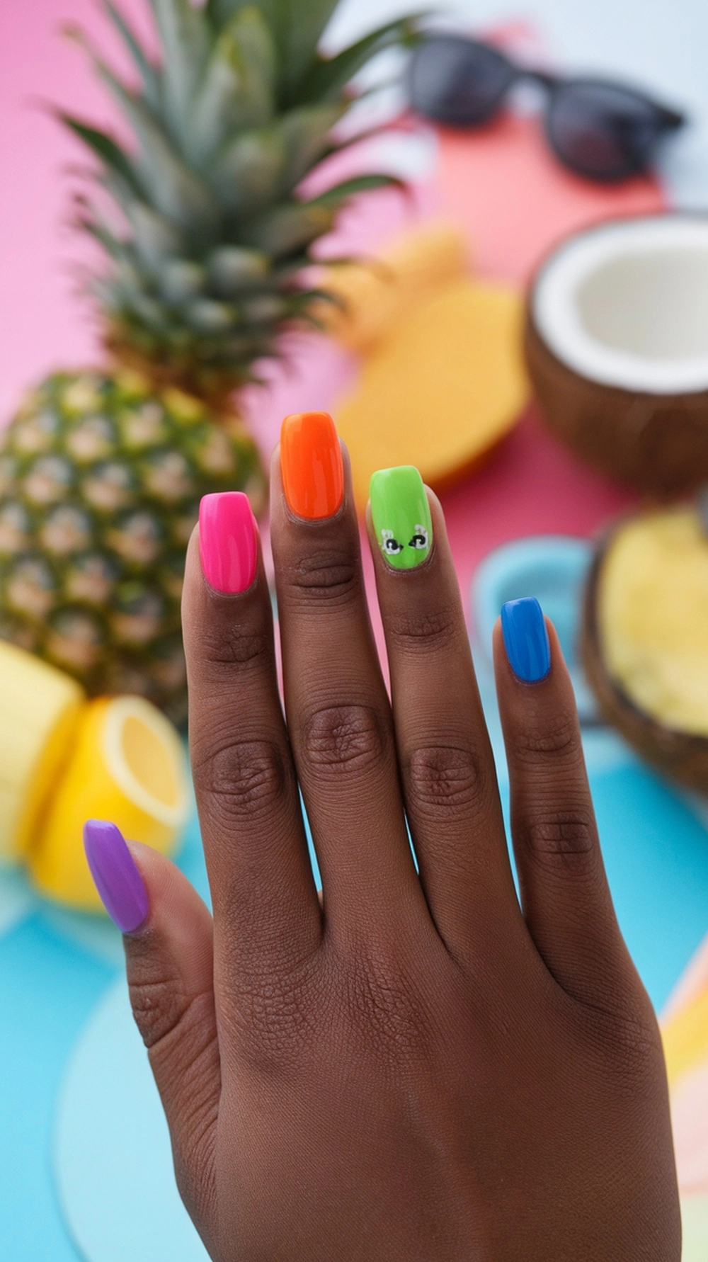 This photo shows hands with bold square nails in striking summer colors.