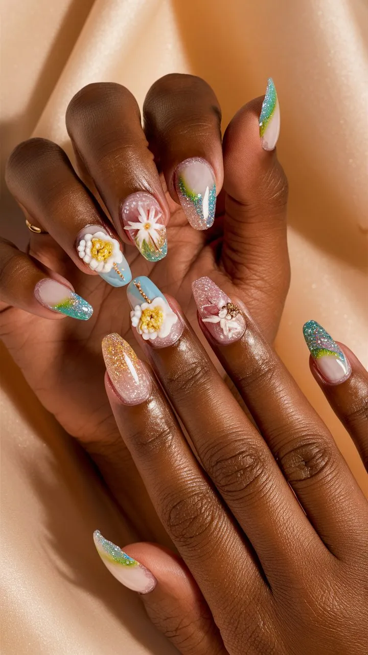 The picture shows hands with long, oval nails painted in a detailed summer theme. The nails have 3D flowers, glitter, and colors like light pinks, blues, greens, and yellows. They stand out against a soft beige background, showing off all the manicure details.