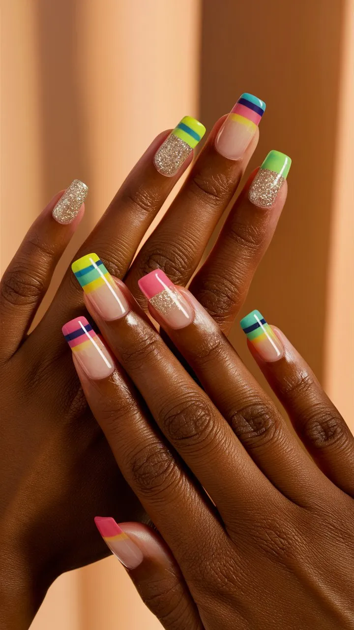 This photo shows hands with bold square nails in striking summer colors.