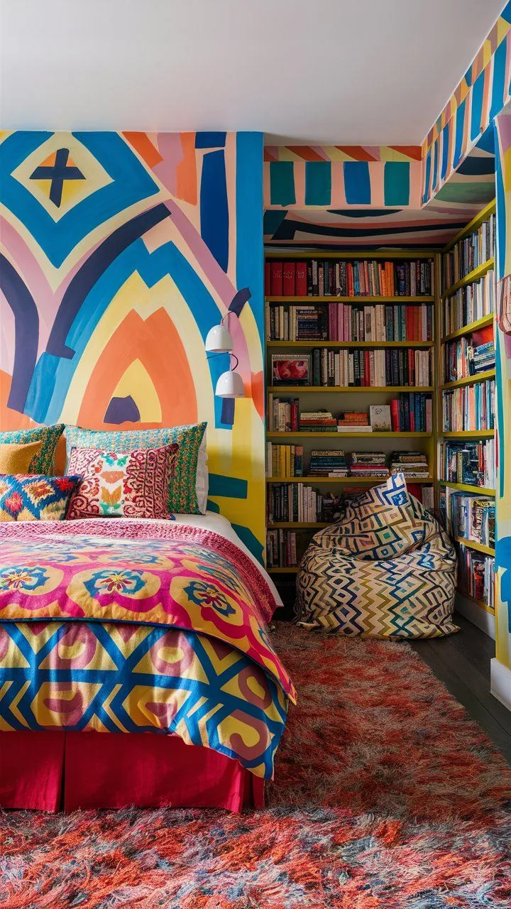 Bold and bright bedroom with vibrant colors, playful patterns, and energetic decor.