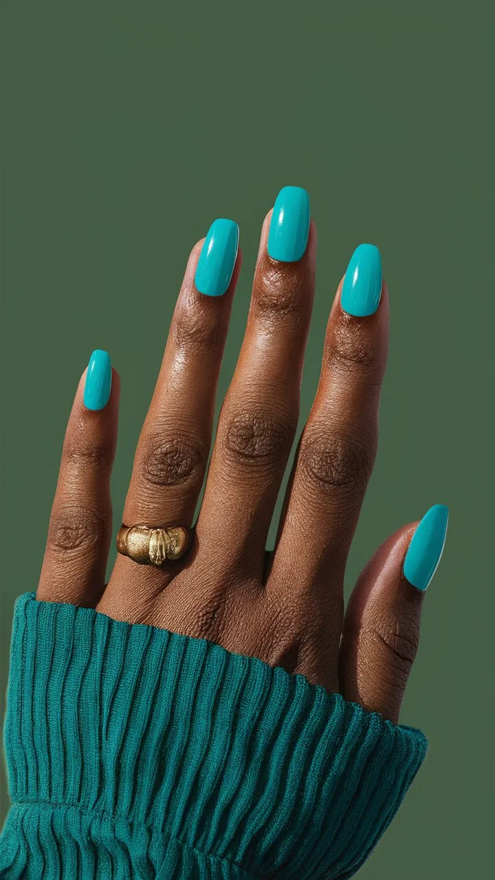 Close-up of nails painted in a vibrant turquoise color, reminiscent of a tropical ocean. The nails are glossy and perfectly shaped, against a simple background. Bold and eye-catching for a fun look.