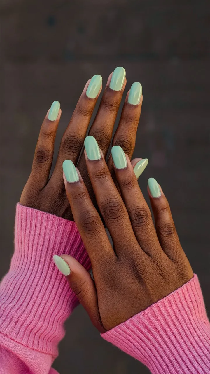 Close-up of nails painted with mint green nail polish, creating a cool and refreshing look