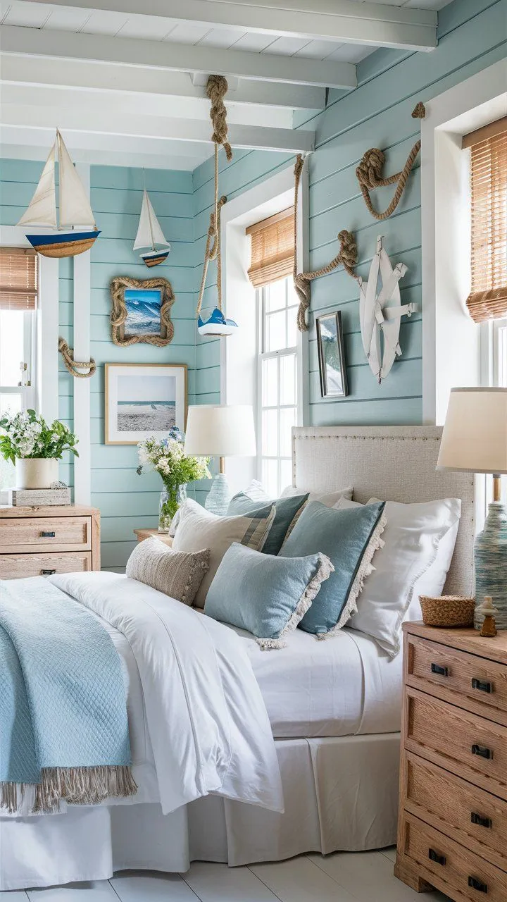 Coastal bedroom with blue, white, and sandy colors, nautical decor, and natural light.