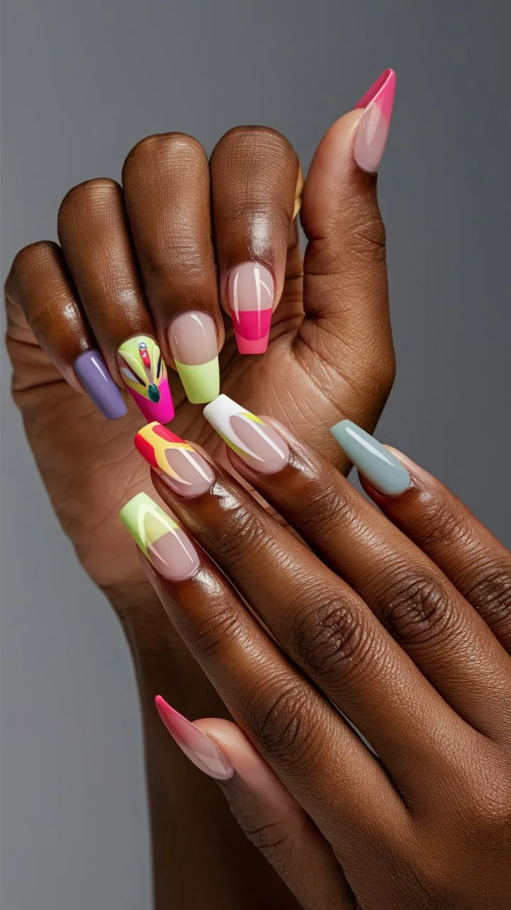 The image showcases hands with a vibrant and beautiful summer manicure, featuring a mix of bright pink, green, and yellow colors.