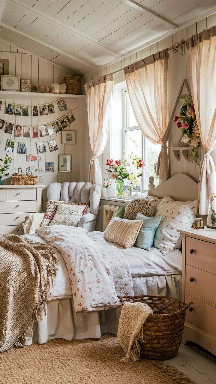 Cozy cottage bedroom with soft colors, floral patterns, comfortable furniture, and personal touches.