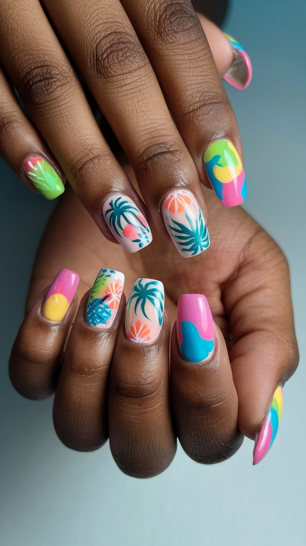 This is a photo showing summer nail looks with bold patterns to vibrant summer nail designs that reflect summer's beauty.