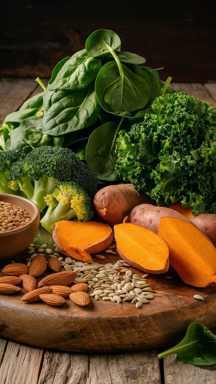 Close-up of fresh spinach, broccoli, kale, sweet potatoes, lentils, almonds, and sunflower seeds, highlighting their vibrant colors and textures, all displayed on a rustic wooden table.