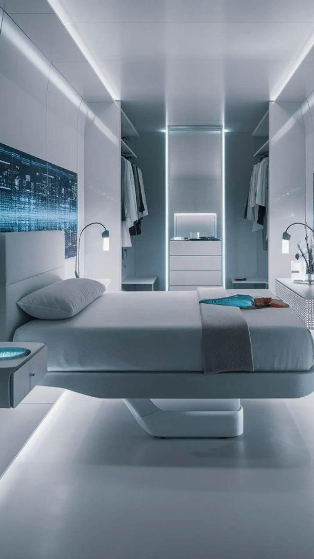 "Futuristic bedroom with sleek furniture, high-tech gadgets, and bold lighting.