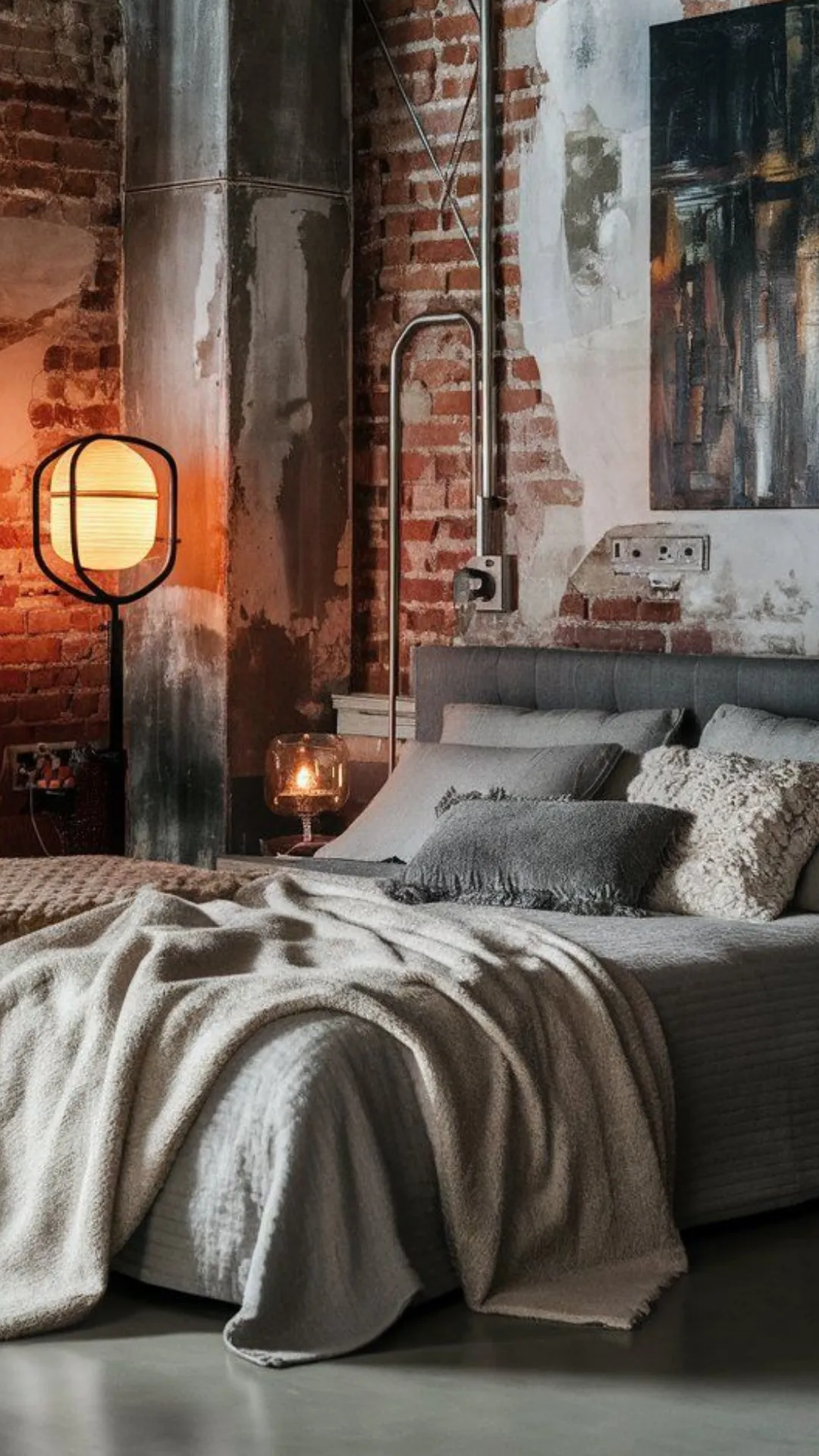 Industrial bedroom with exposed brick walls, metal fixtures, cozy textiles, and warm lighting.