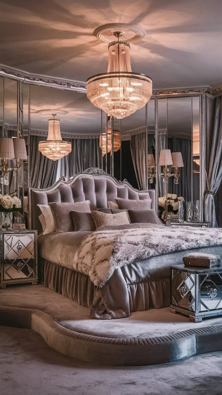 Glamorous bedroom with velvet headboards, mirrored furniture, and metallic accents.