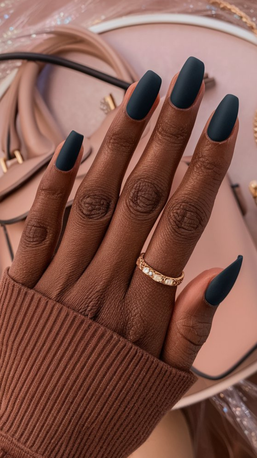 Close-up of nails with Matte Finishes, featuring smooth, non-glossy surfaces that highlight elegant, understated designs.