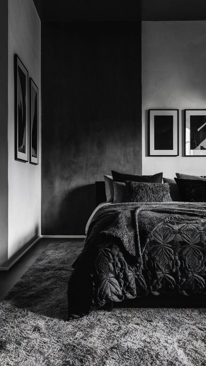 Monochrome bedroom with black, white, and gray color scheme, textured decor, and patterns.