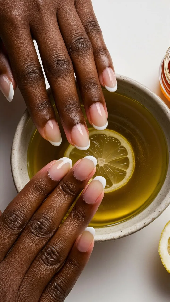 Hands soaking nails in a bowl of warm olive oil and lemon juice, with a honey jar nearby, highlighting natural ingredients and practical care tips for stronger nails.