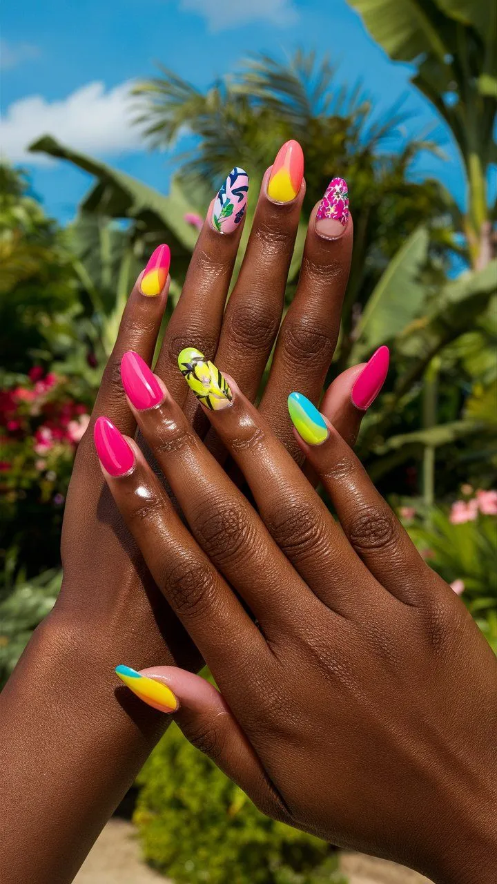 This image shows a vibrant, electric pink manicure that commands attention, mixed with accents of blue, green, and yellow.