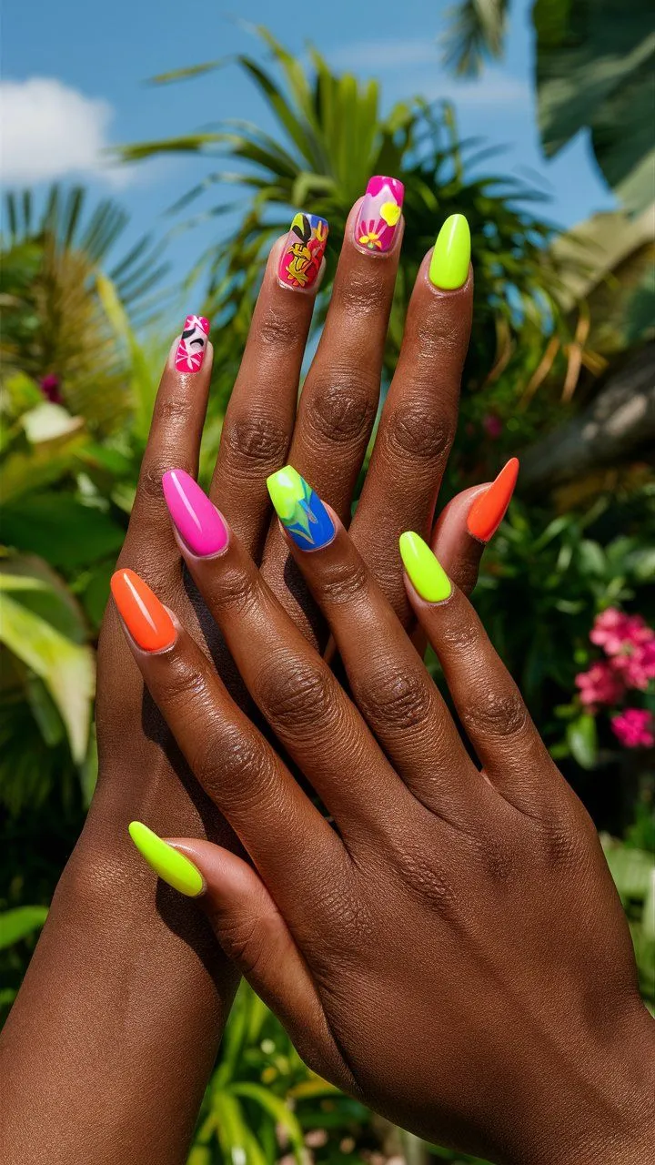 This is an image of vibrant summer nail inspiration showcasing various gorgeous designs. From playful beach themes to sophisticated floral patterns, these manicures feature bold colors and intricate details, perfect for expressing your summer style.