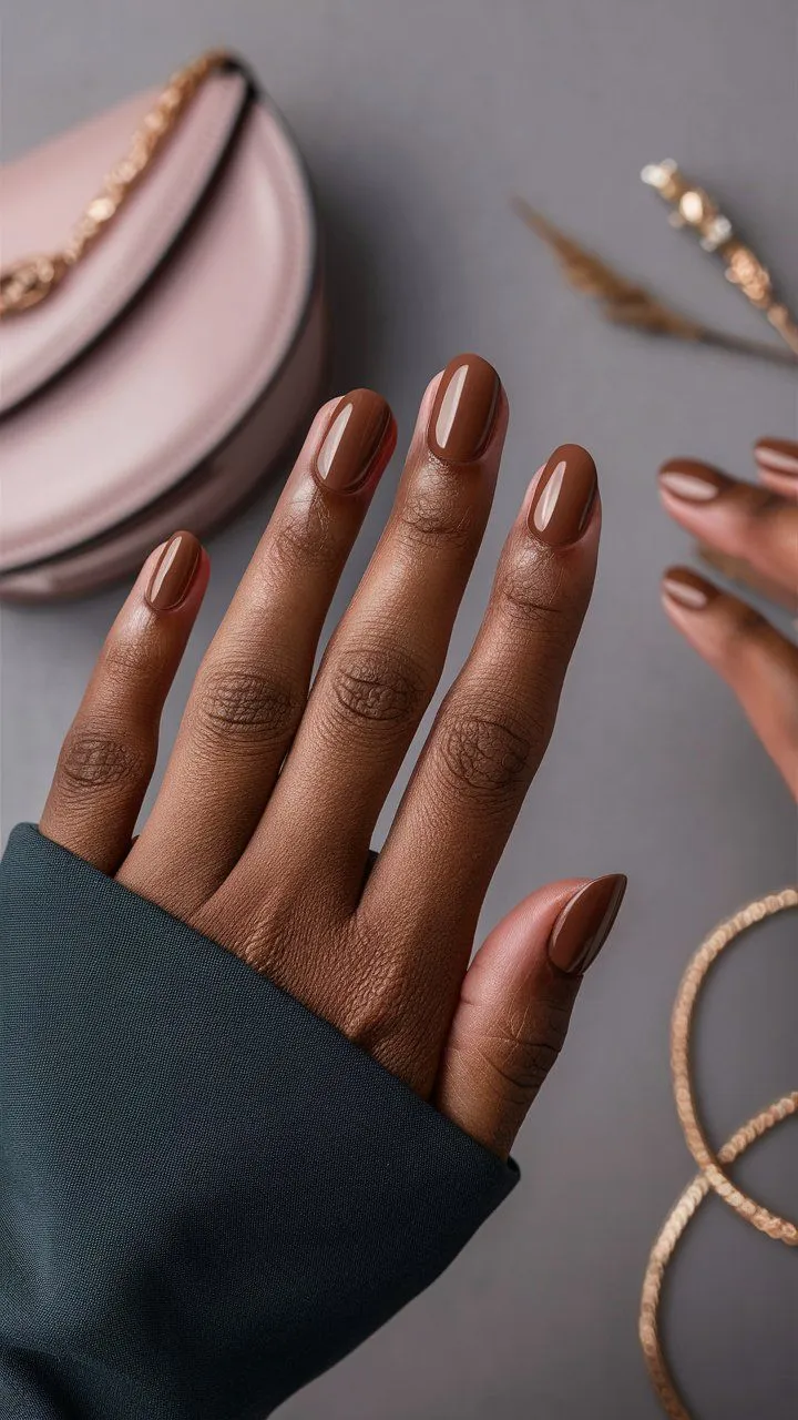 This close-up photo shows a hand with nails painted with soft brown. The nails are elegantly shaped and have a glossy finish, reflecting light subtly. 