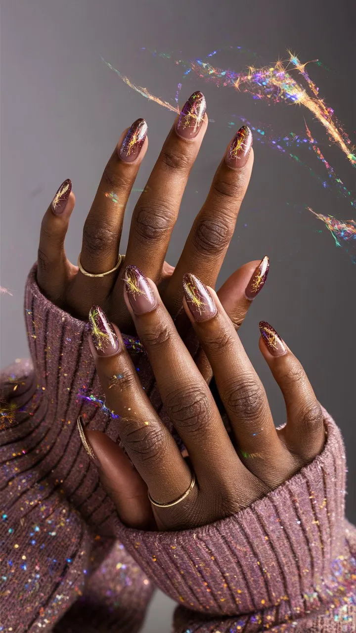 A close-up photo with teal nail colors with intricate designs and sparkle accents, worn by hands in a cozy pink sweater.