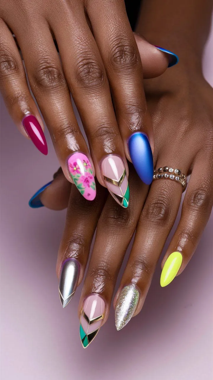 This is a photo showing summer nail looks with bold patterns to vibrant summer nail designs that reflect summer's beauty.