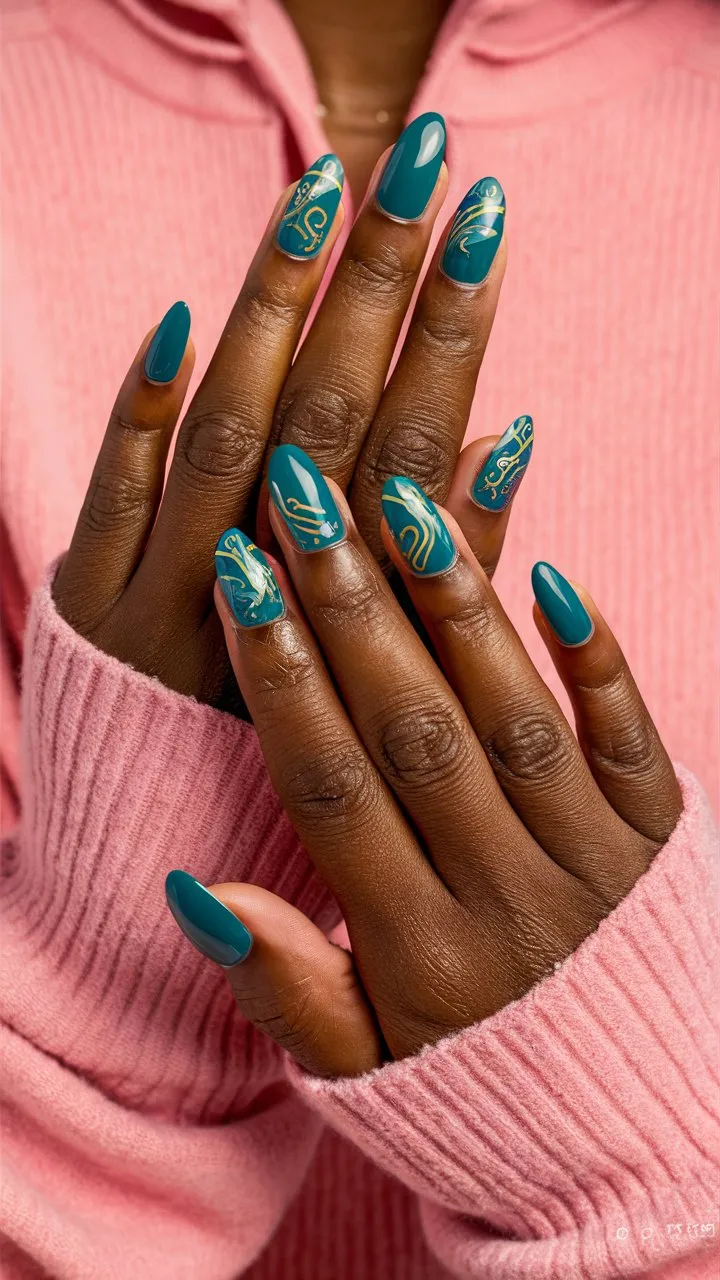 A close-up, high-resolution photo of teal nail colors with intricate designs and patterns, worn by hands in a cozy pink sweater.