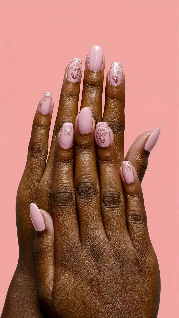 This is a close-up photo of hands painted with soft pink nail polish, creating a delicate and elegant look.