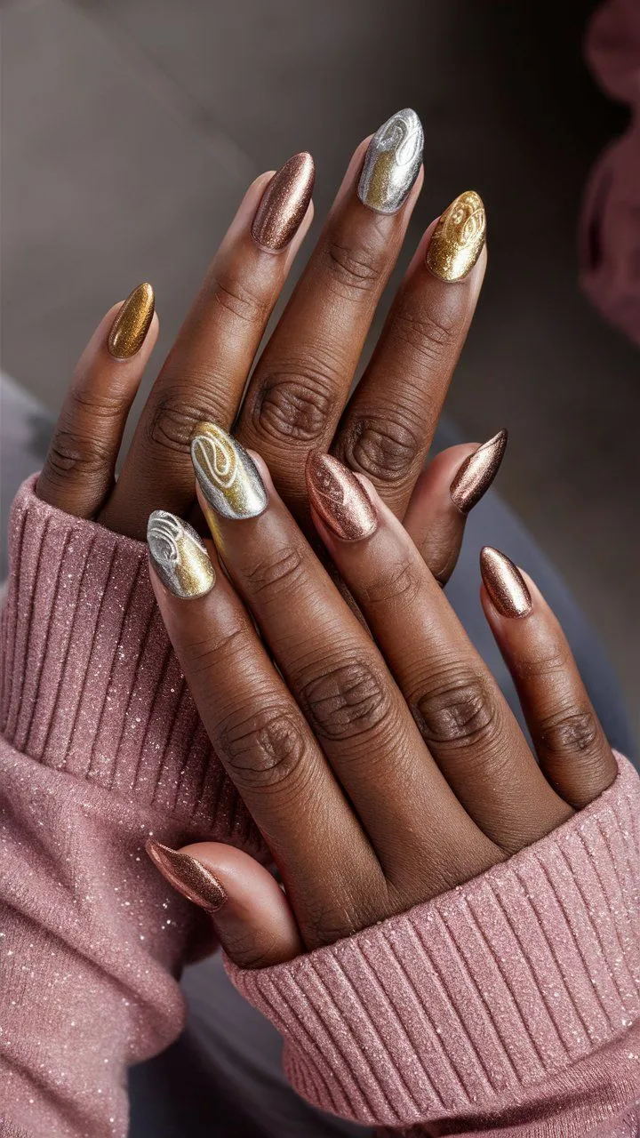 This photo showcases stunning Metallic nail shades, featuring tones of gold, silver, bronze, and rose gold