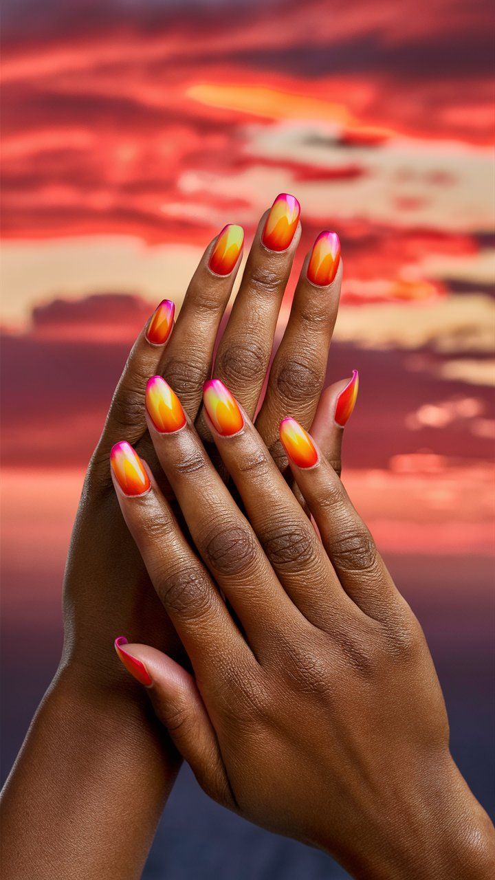 This image showcases hands with ombre nails displaying a sunset-inspired gradient of summer colors, transitioning from bright pink to orange and yellow.