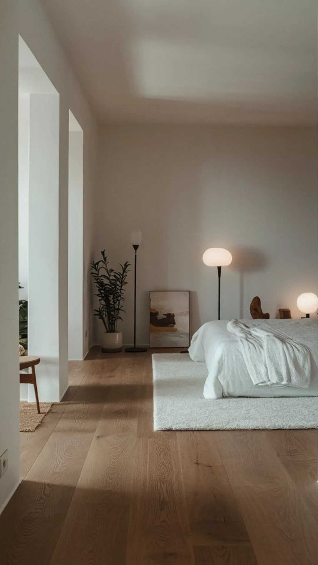 Minimalist bedroom with white walls, wooden floors, simple furniture, and minimal decor.