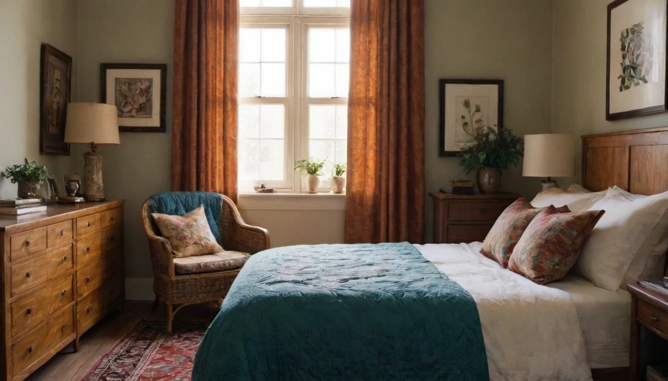 A vintage-themed bedroom with an antique bed frame, modern bedding, distressed dresser, vintage textiles. 