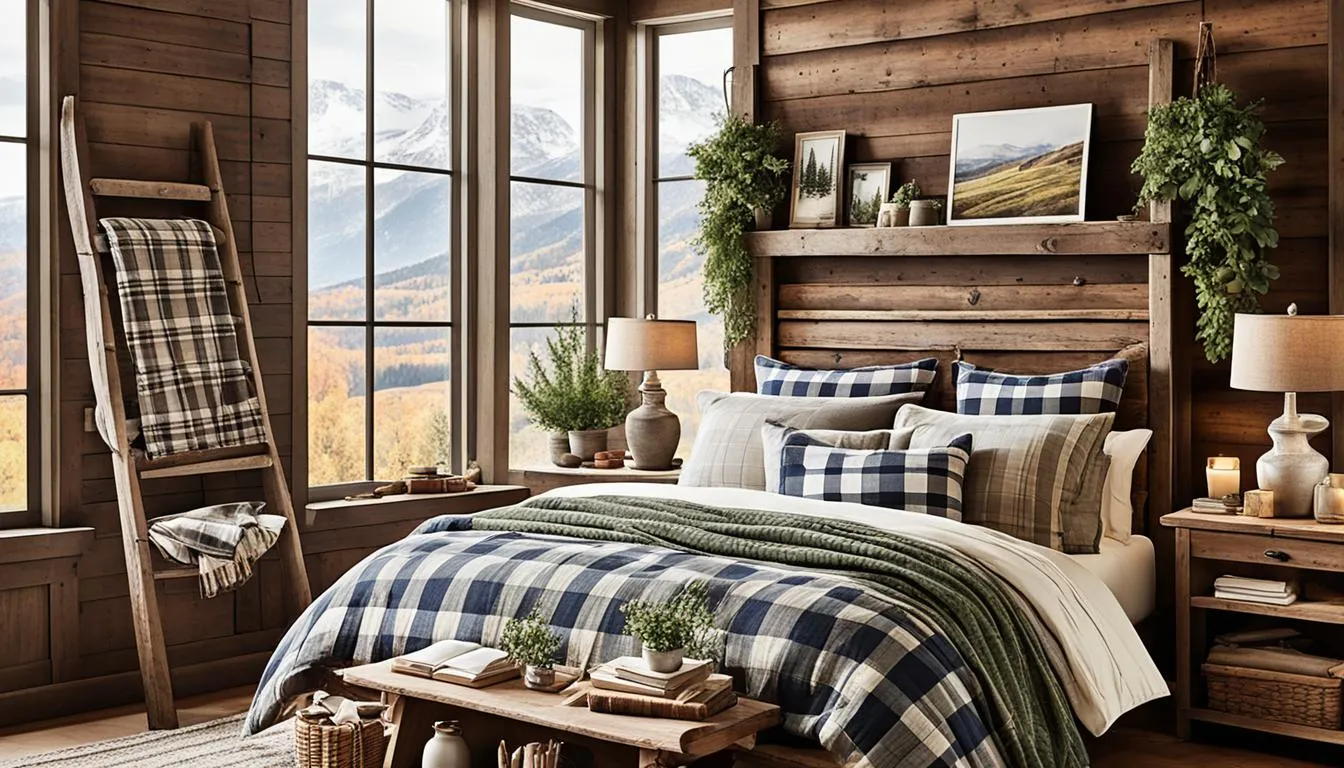 A cozy rustic bedroom with natural wood walls, a wooden bed frame, plaid bedding, and soft lighting. The room features plants, vintage decor, and a view of mountains through large windows.