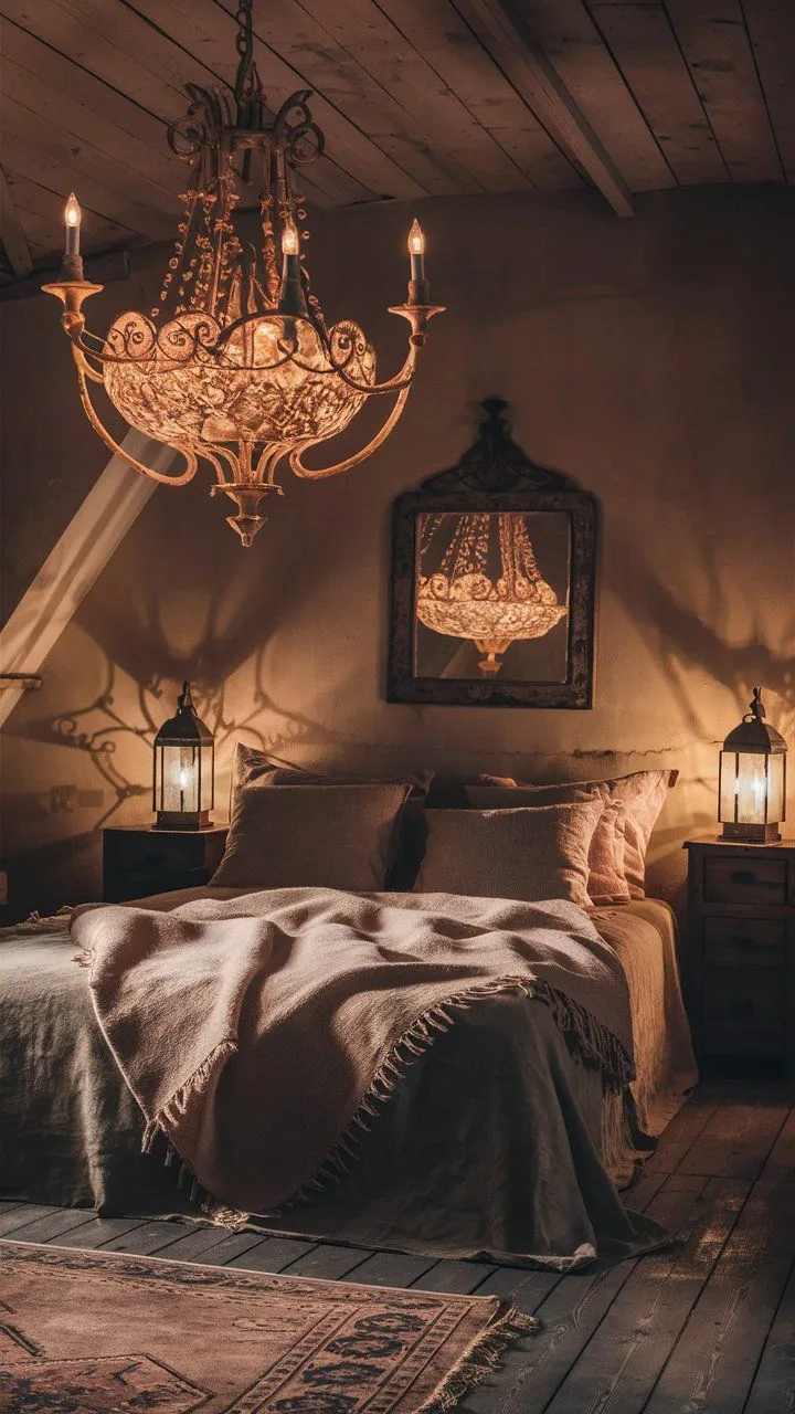 Cozy bedroom illuminated by soft lamp lighting with a rustic chandelier overhead.