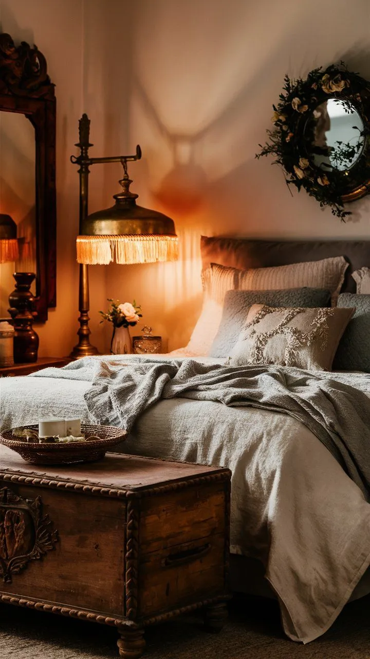 Bedroom featuring a vintage mirror, old lamp, and an antique chest for added character.