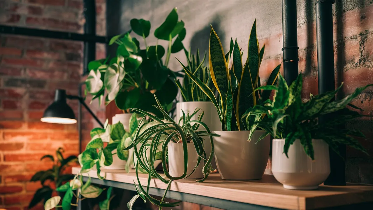 Industrial bedroom decorated with hardy plants like succulents and snake plants.