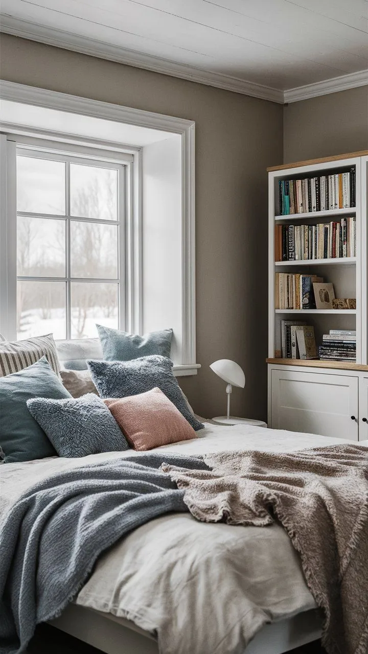 A Scandinavian bedroom featuring a neutral color palette with white, gray, beige, and pops of blue and blush pink accents.