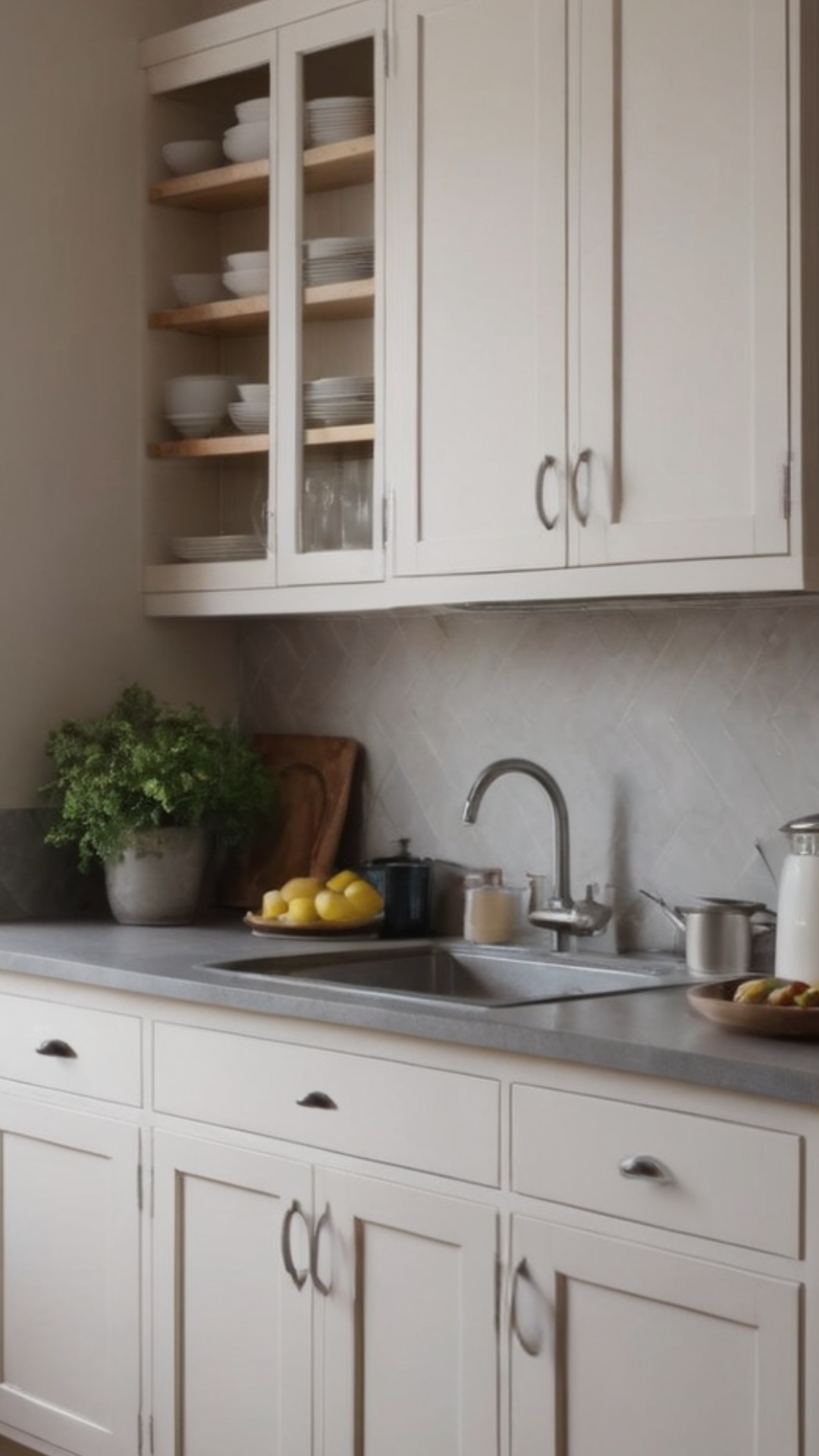 Small kitchen with light color scheme and white cabinets.Utilizing Corner Spaces Effectively