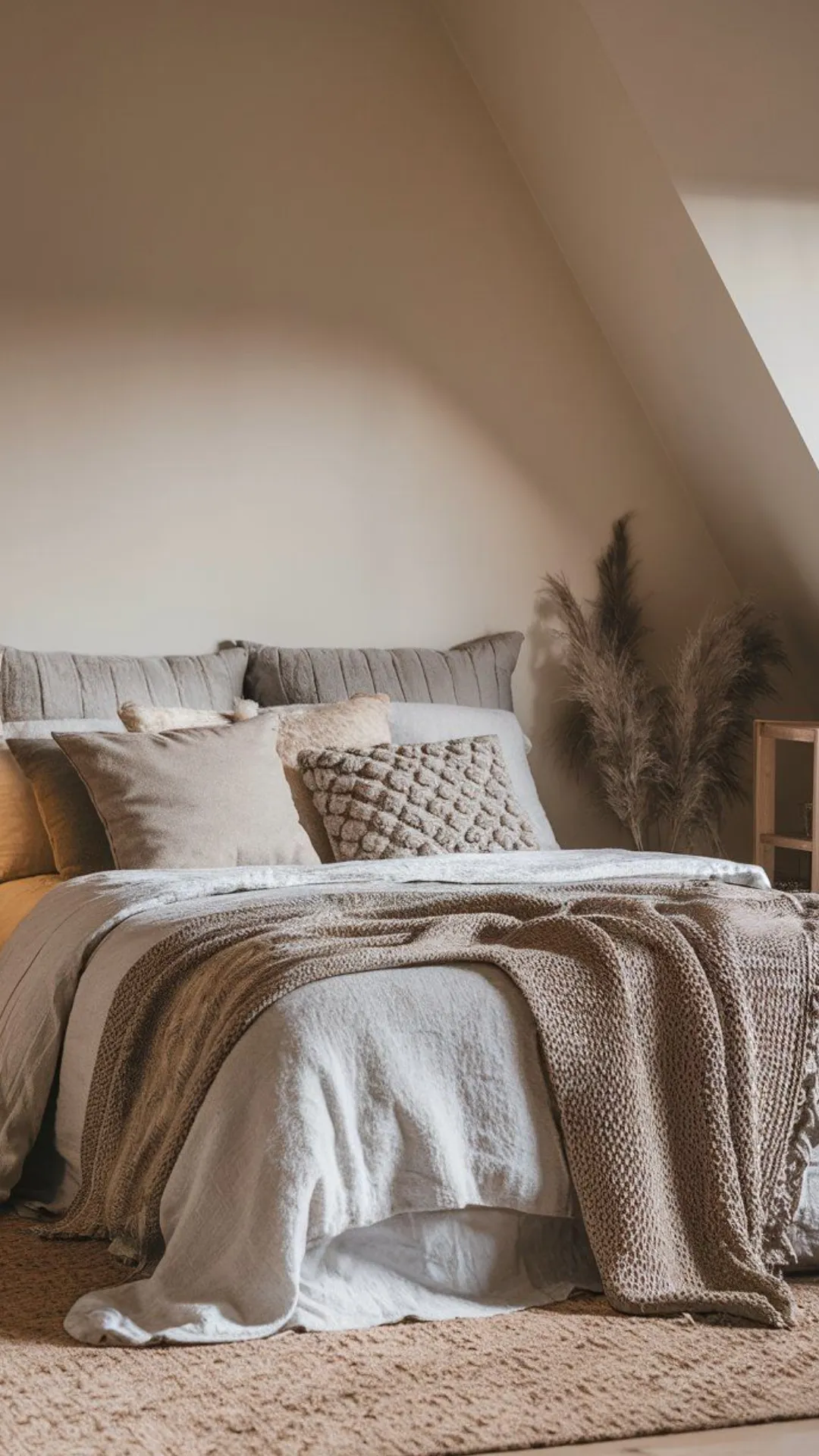 A cozy Scandinavian bedroom with soft textures in bedding, cushions, and a faux fur throw over a knitted blanket