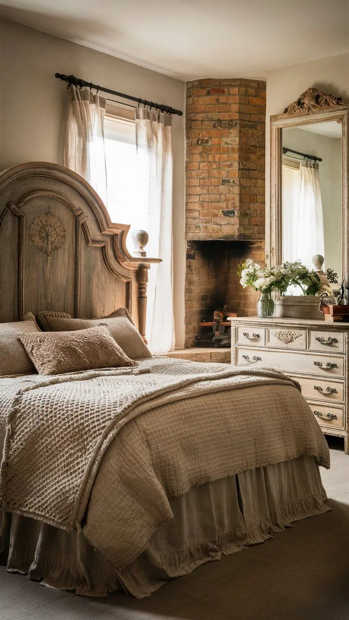 Bedroom with a large wooden headboard, vintage dresser, and an old fireplace as focal points.