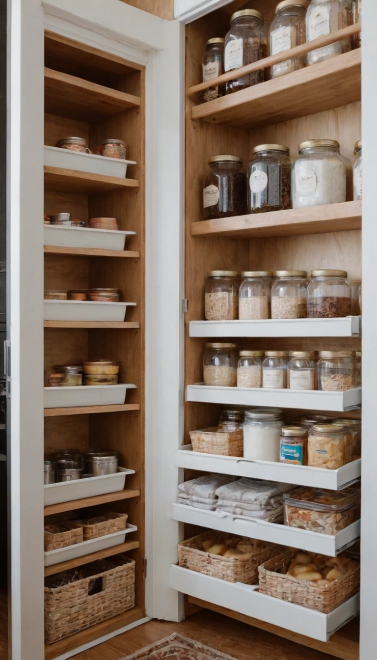 Small pantry with pull-out shelves and door-mounted racks.

